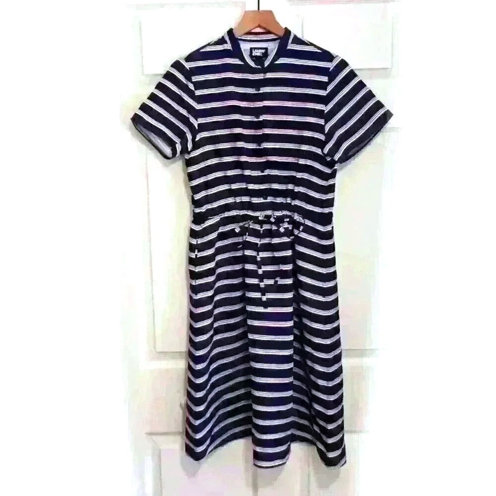 Lands' End Womens Shirt Dress Navy Blue XS Striped Short Sleeve Drawstring Waist